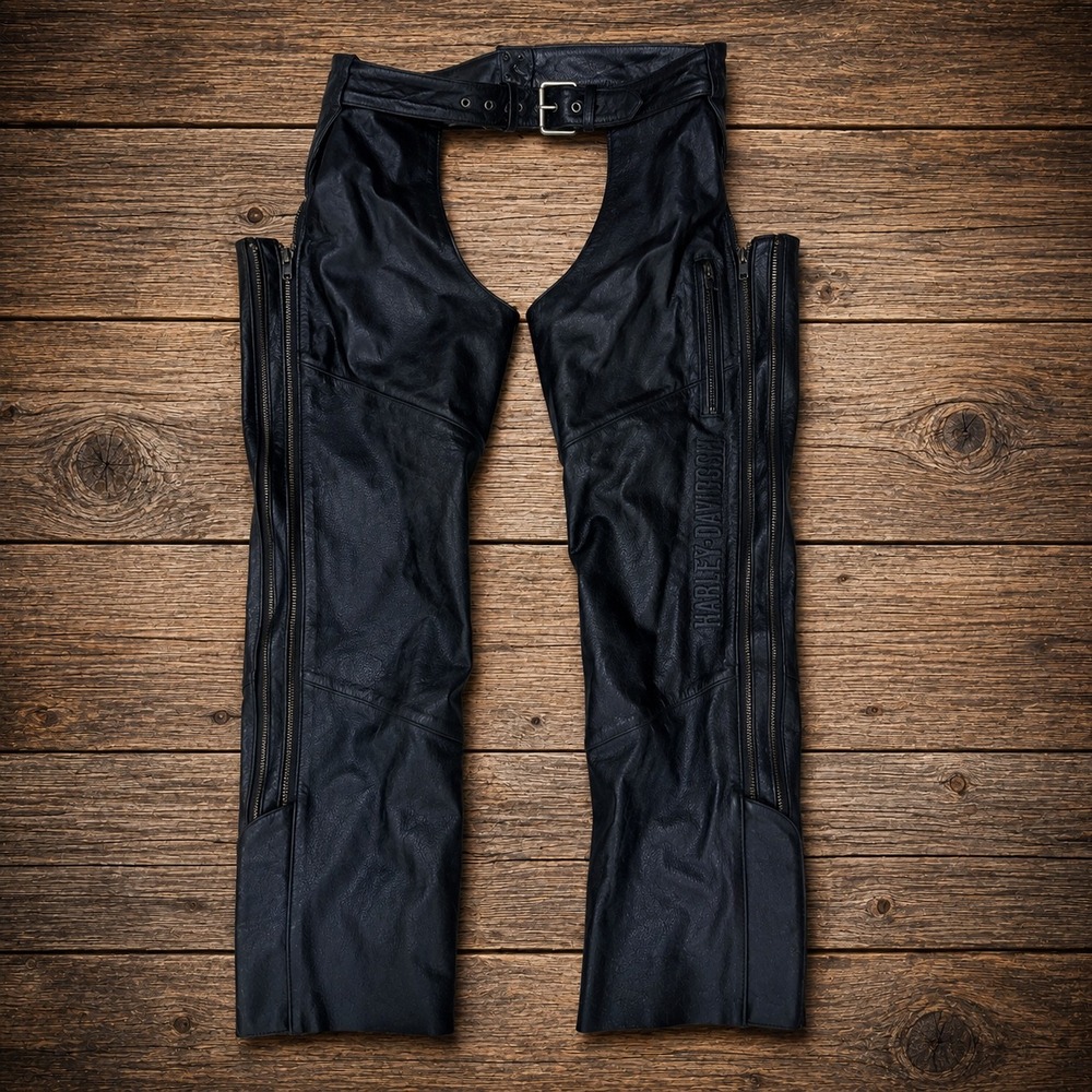 Harley Davidson Mens Black Genuine Leather Motorcycle Chaps XL Embossed Logo